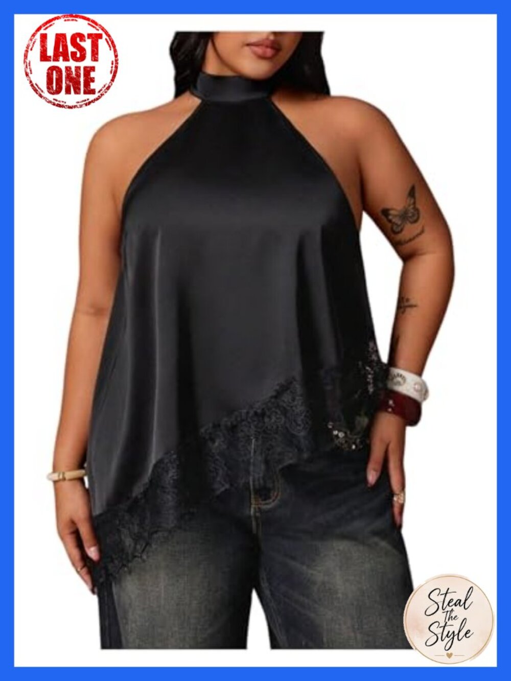 Plus Size Satin Halter Top Lace Trim Sleeveless Asymmetrical Flowy Y2K Going